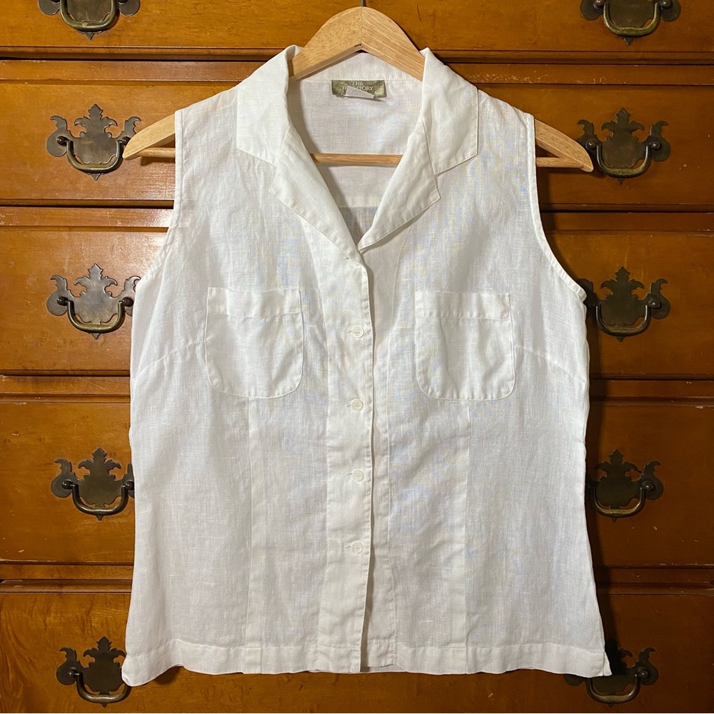The Territory Ahead | White 100% Linen Sleeveless Collared Button-up Blouse Sz S